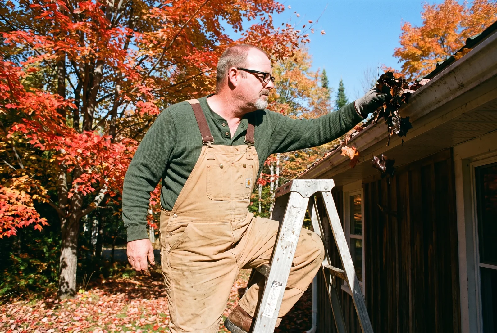 Ken Anderson clearing leaves from a cottage eavestrough on a ladder in autumn