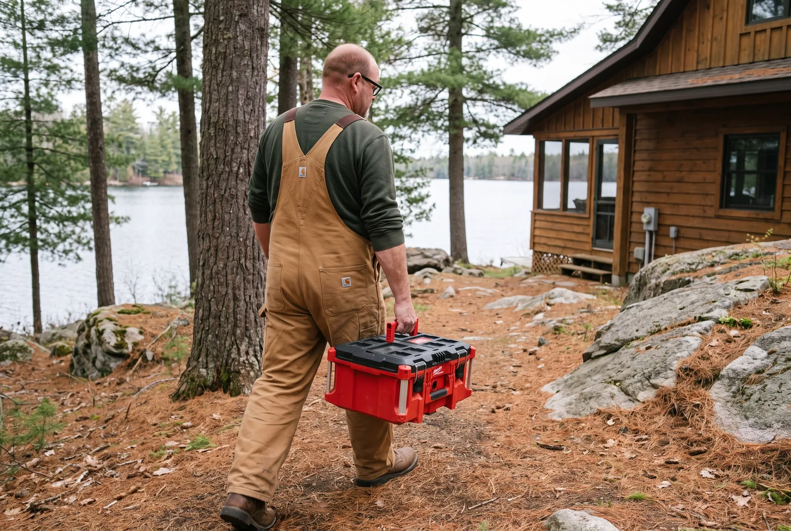 Ken Anderson carrying a tool case up the path to a lakeside cottage in Seguin