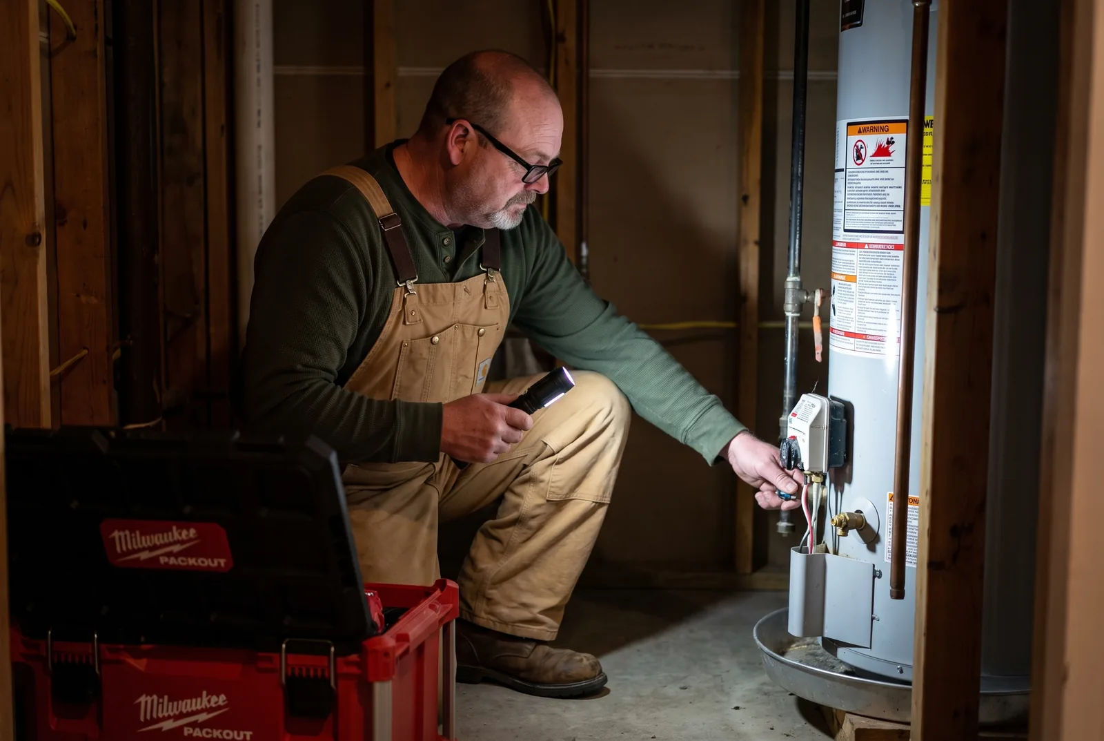 Ken Anderson checking a cottage water heater and shutoff valves during a winter property check