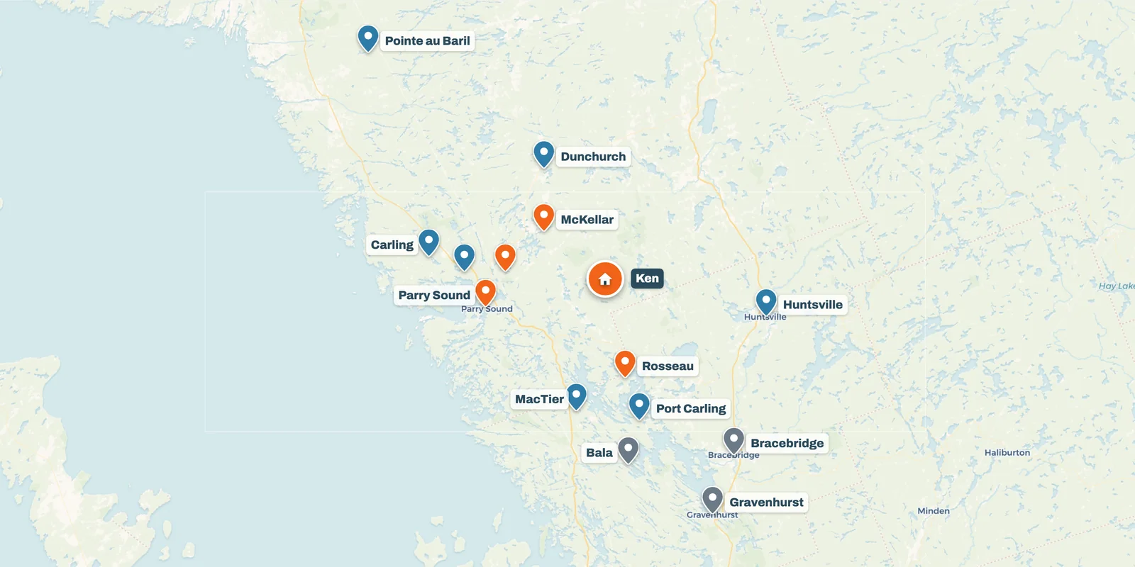 Map of the towns Seguin Property Care serves around Parry Sound and Muskoka, with pins coloured by service zone