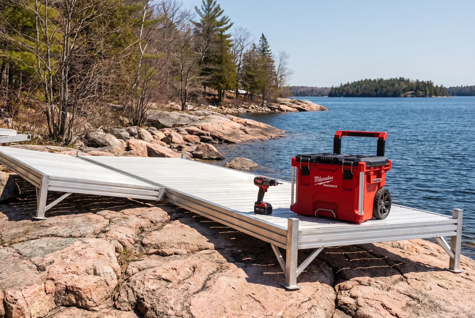 A dock going in on a rocky Georgian Bay shoreline in spring, Nobel area