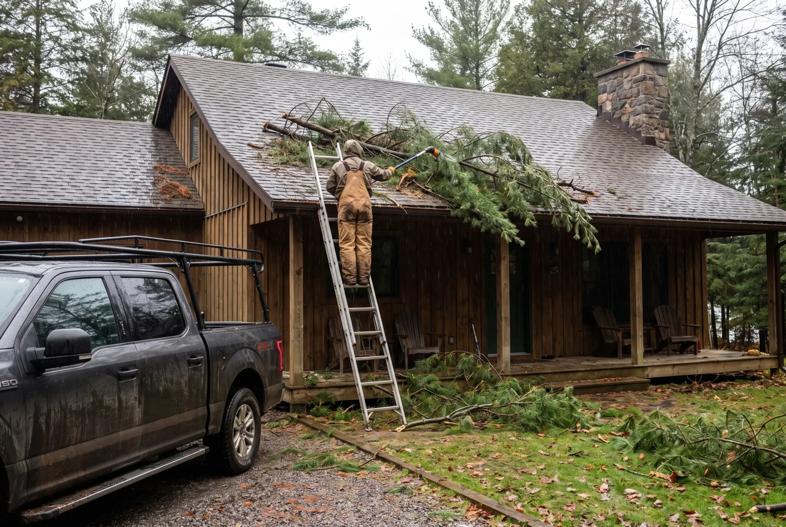 Clearing a storm-blown tree off a cottage roof from a ladder, with the property maintenance truck in the driveway after a windstorm near Parry Sound