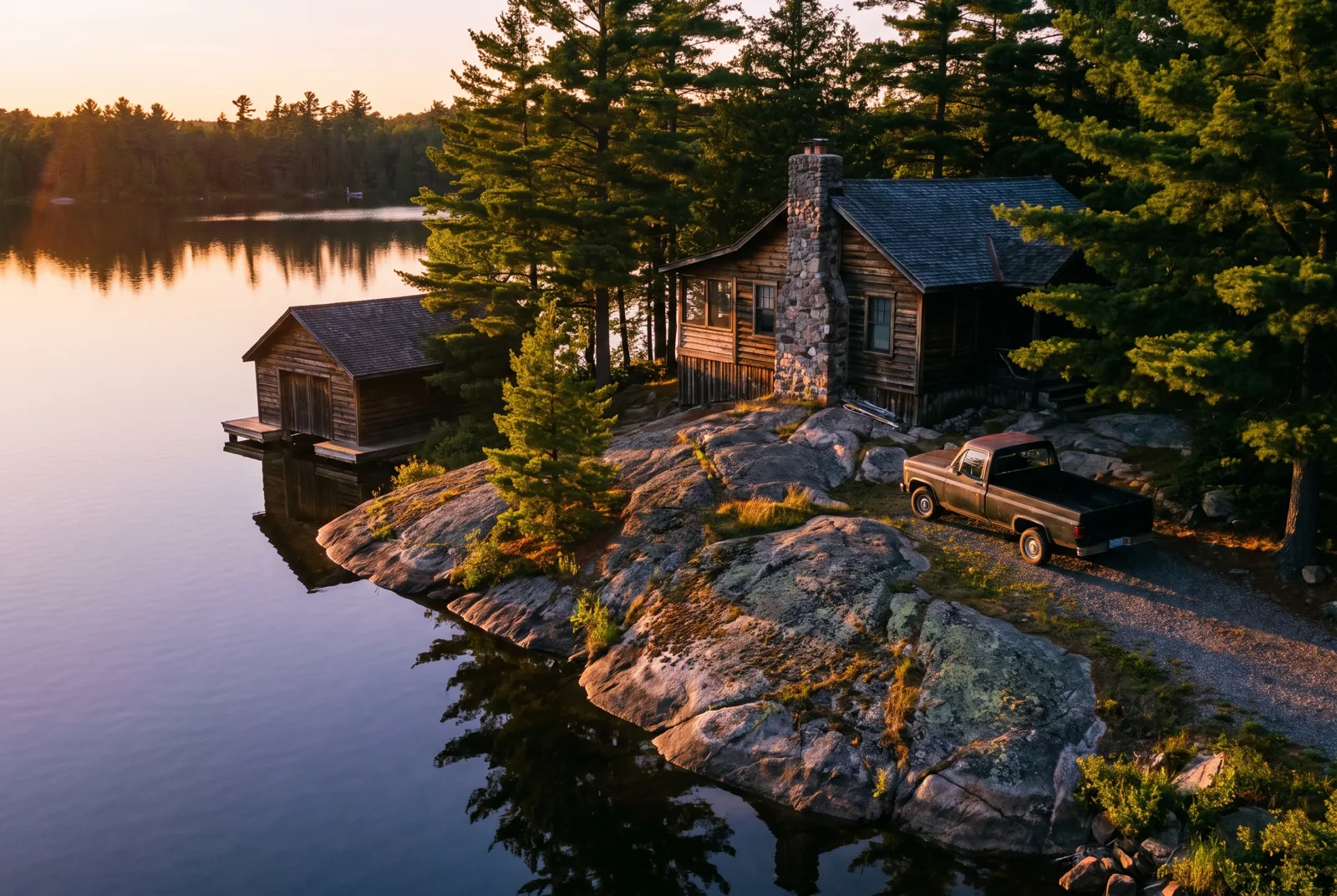 A cottage and boathouse on a granite point at golden hour on a Muskoka lake, Rosseau area