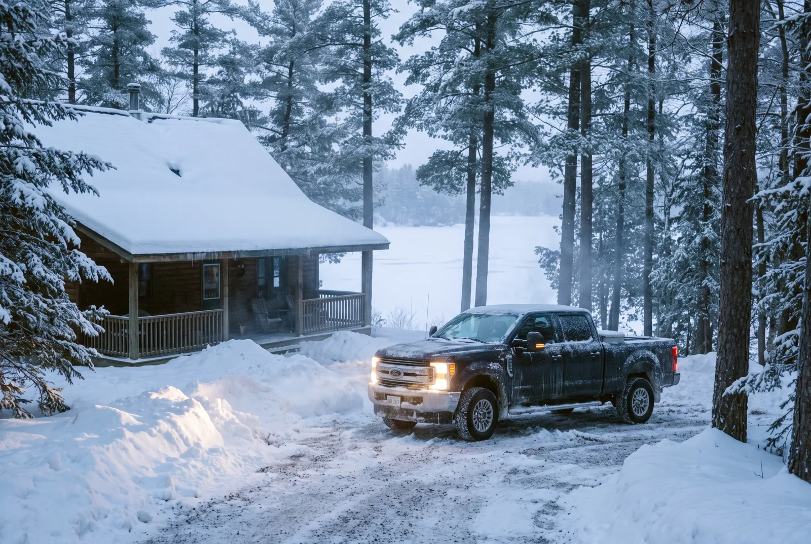 A snow-covered lakeside cottage at first light on a winter morning